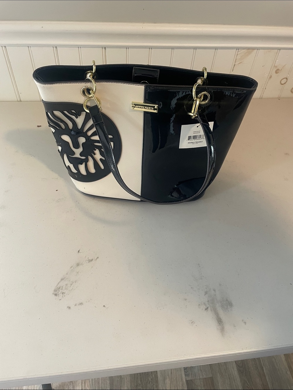 Anne Klein Black and White Patent Tote with Lion Motif